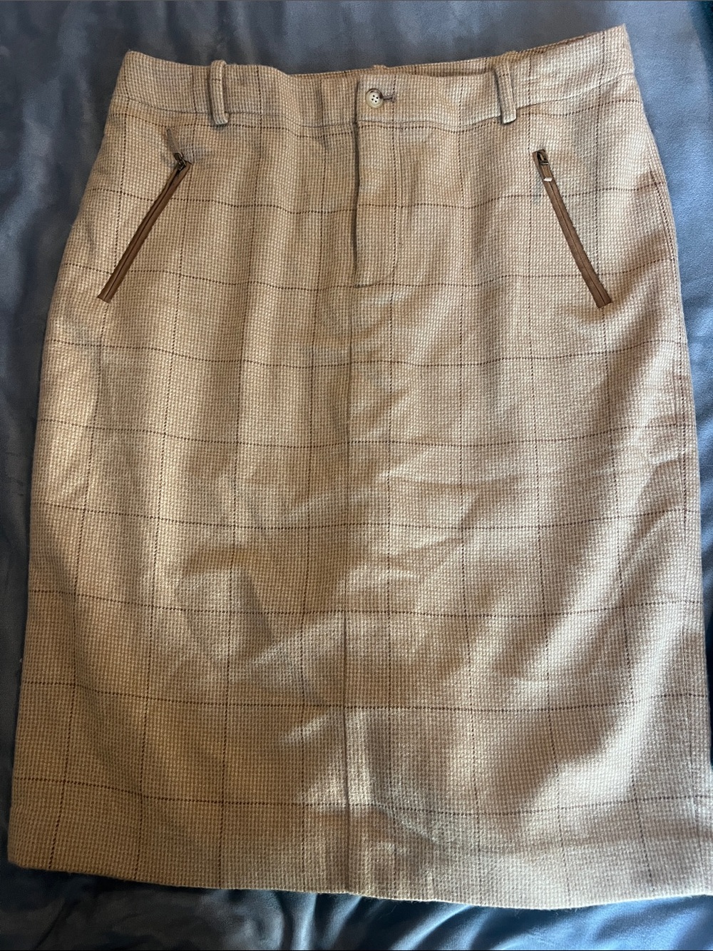 Lauren Ralph Lauren Tan Plaid Pencil Skirt with Zip Accents
